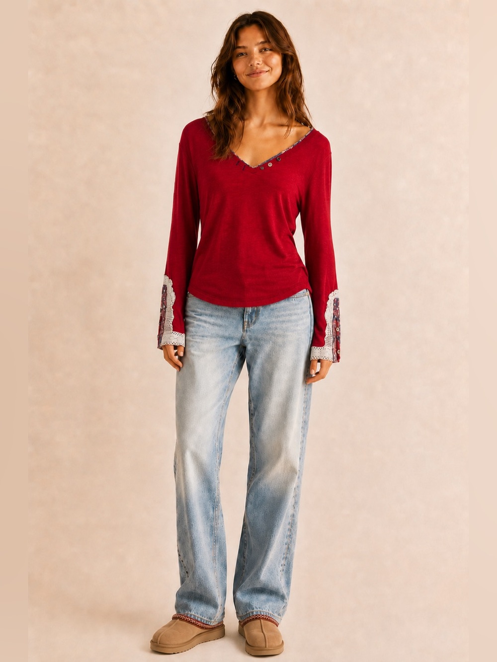 Vintage Y2K brick red long sleeve Henley style top lace and printed trim at cuff